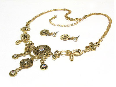 Antique style crystal and multi metal charm drop necklace and earring set