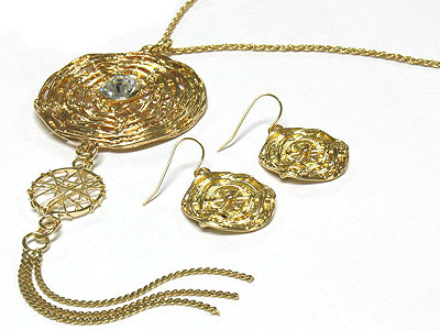 Woven metal disk and chain drop necklace and earring set