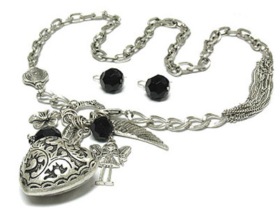 Metal heart girl wing and leaf pendant long lecklace and arcyl earring set