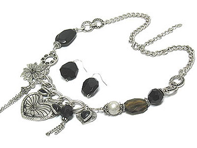 Antique metal crystal stone hear pendant and multi charm  chained link necklace and earring set