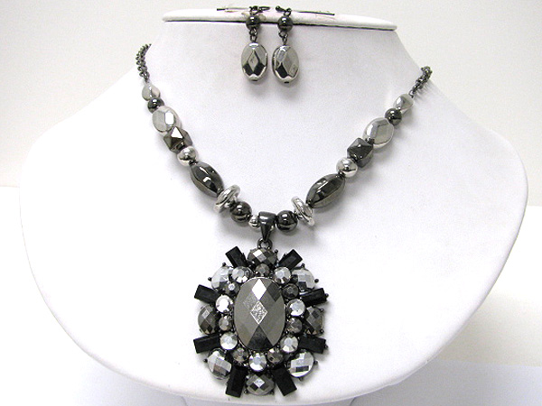 Crystal and facet metallic stone medallion necklace earring set