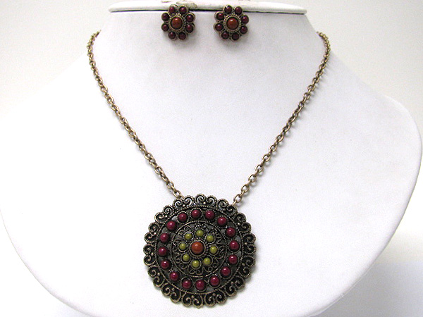 Natural stone beads deco round filigree medallion necklace earring set