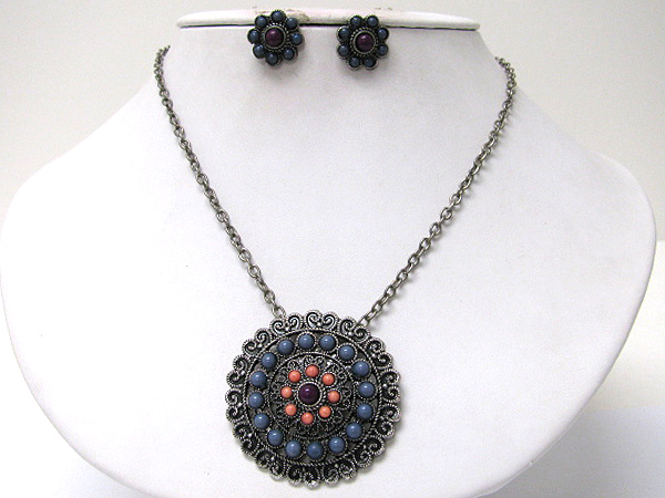 Natural stone beads deco round filigree medallion necklace earring set