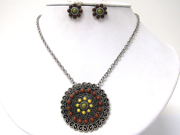 Natural stone beads deco round filigree medallion necklace earring set