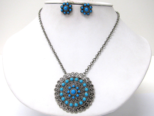 Natural stone beads deco round filigree medallion necklace earring set