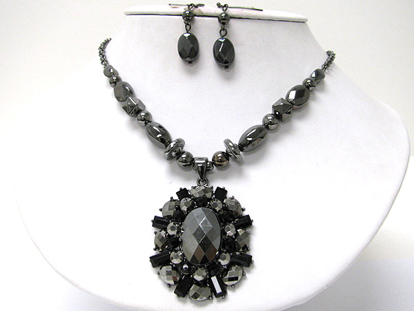 Crystal and facet metallic stone medallion necklace earring set