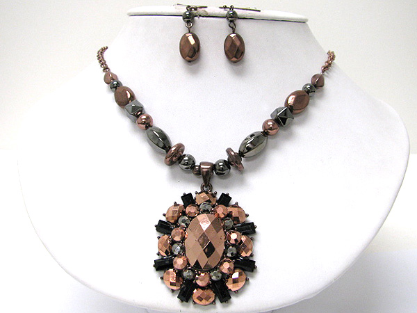 Crystal and facet metallic stone medallion necklace earring set