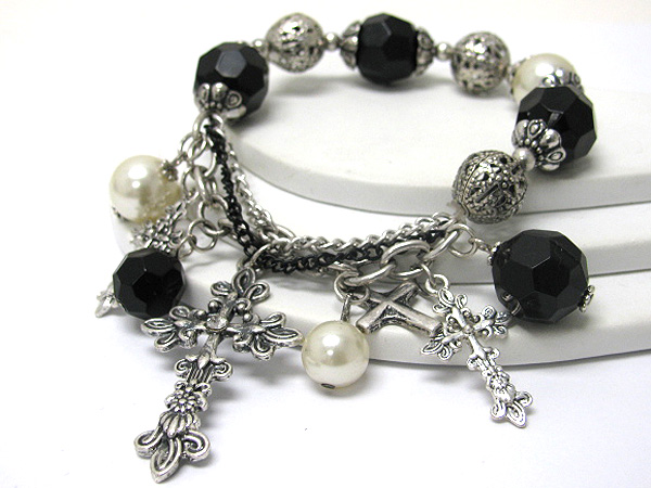 Multi cross charm and pearl ball dangle multi ball stretch bracelet