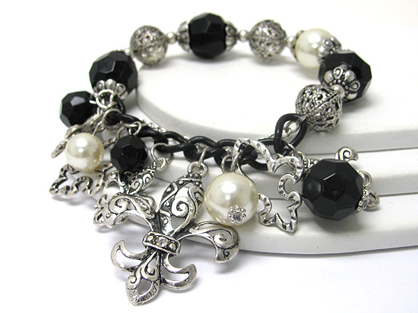 Multi fleur de lis charm and pearl ball dangle multi ball stretch bracelet