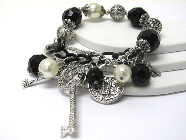 Multi key and lock charm and pearl ball dangle multi ball stretch bracelet