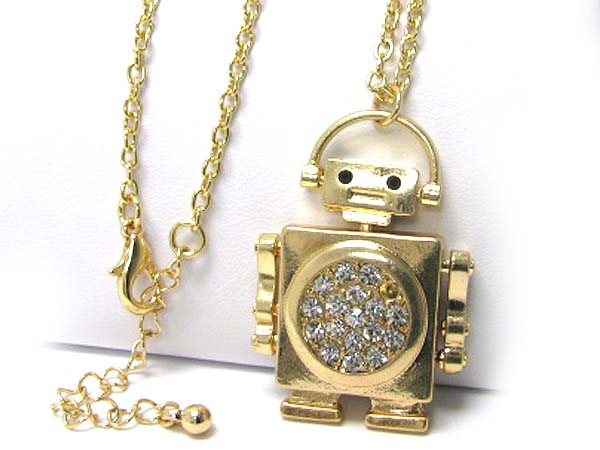 Crystal body deco square robot puppet long chain necklace