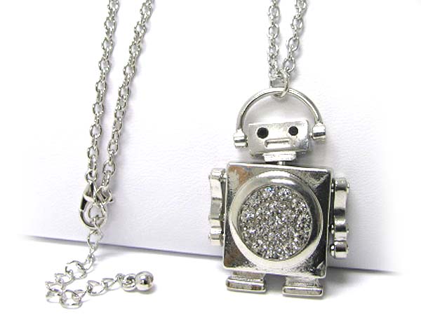 Crystal body deco square robot puppet long chain necklace