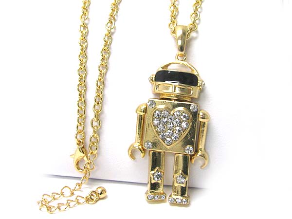 Crystal deco robot puppet long chain necklace