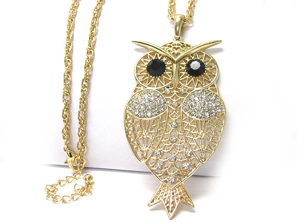 Crystal stud owl filigree long chain necklace