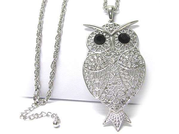 Crystal stud owl filigree long chain necklace