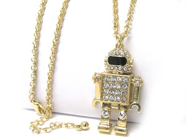 Crystal deco robot puppet long chain necklace