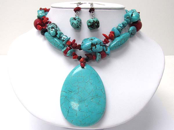 Large tear drop pendant and double chain turquoise necklace earring set