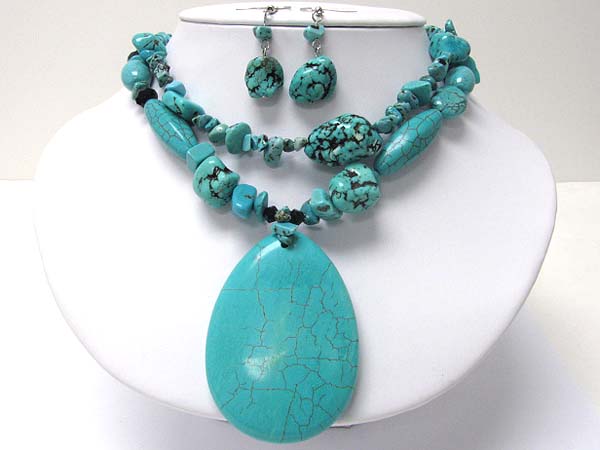 Large tear drop pendant and double chain turquoise necklace earring set