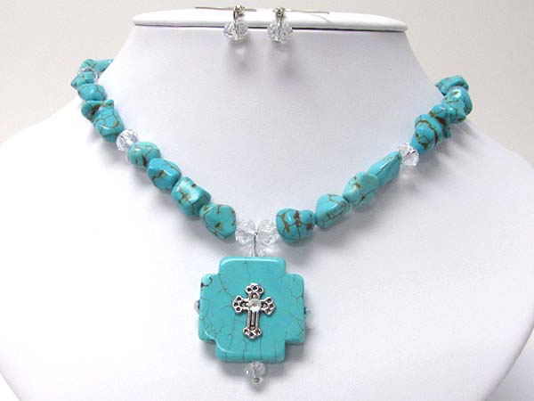 Stone cross pendant and nature stone link chain necklace earring set