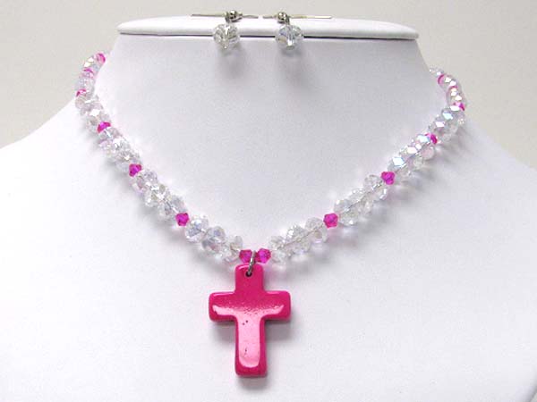 Cross stone and glass bead link necklace earring set