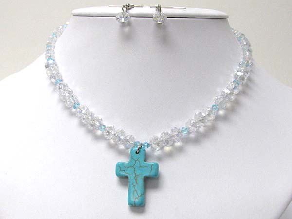 Cross stone and glass bead link necklace earring set