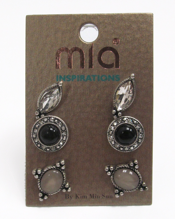 Mixed genuine stone three pair earring set 