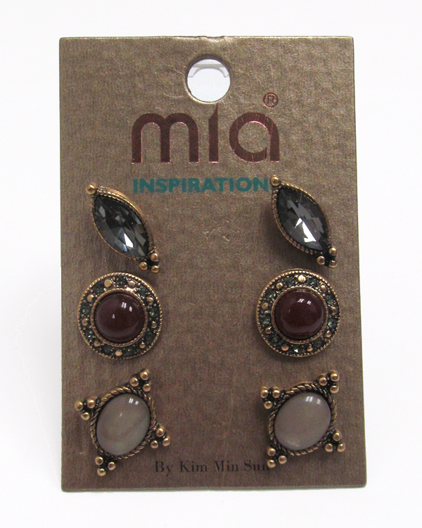 Mixed genuine stone three pair earring set 