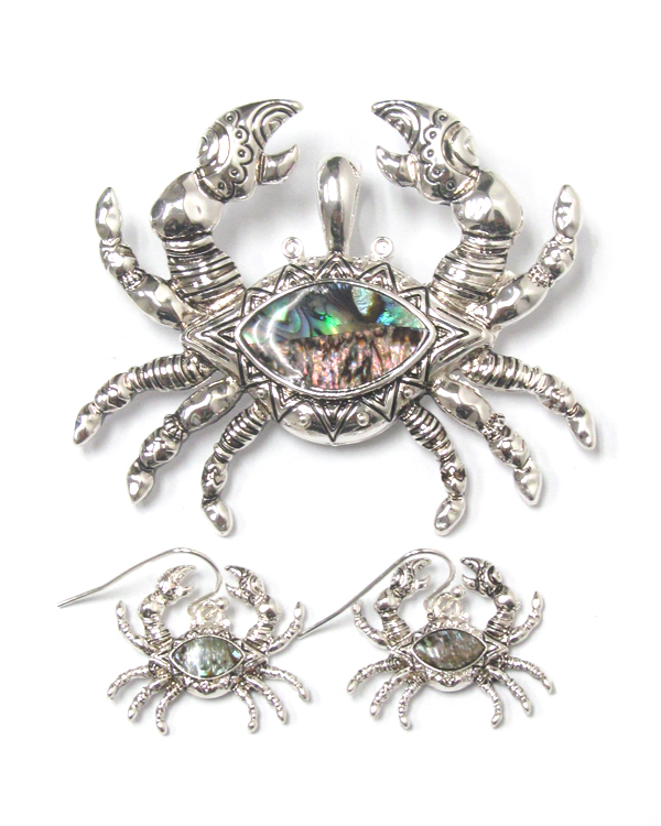 Metal filigree and abalone crab pendant and earring set