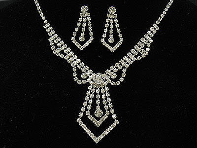 Rhinestone double line and dangle neccklace and earring set