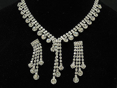 Rhinestone four dangle double  line necklace and earring set