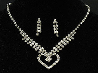 Rhinestone double heart necklace and earring set