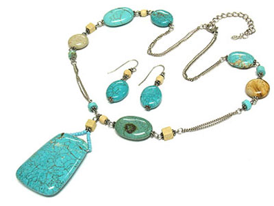 Large turquoise stone dangle and multi precious stone necklace and earring set