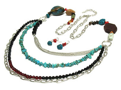 Turquoise and multi facet cut strand long necklace with acrylic beads and natural stones and earring set