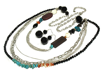 Turquoise and multi strands long necklace with acrylic and natural stone and wood and earring set