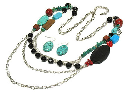 Turquoise and double facet cut multi strands long necklace with wood acryl natural stones and earring