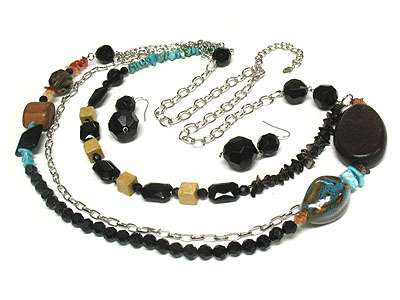 Turquoise and multi strands long necklace with acrylic and natural stone and wood and earring set