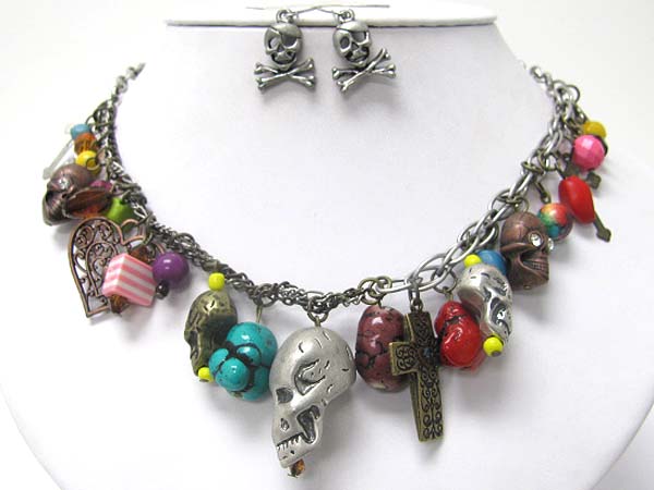 Mixed natural stone and multi antique charm dangle necklace