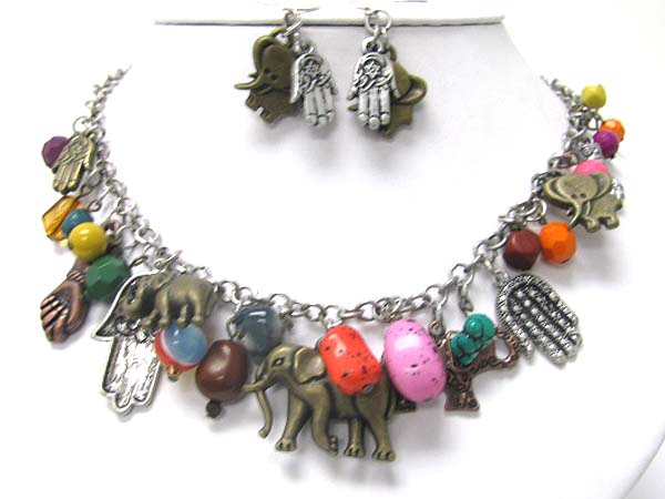 Mixed natural stone and multi antique charm dangle necklace