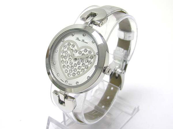 Crystal stud heart back round face leather band watch