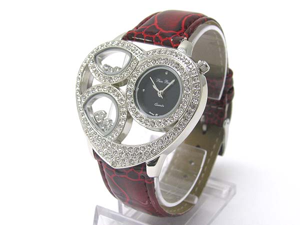 Crystal frame heart face leather band watch