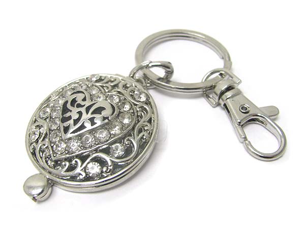 Crystal heart filigree round metal locket key chain charm