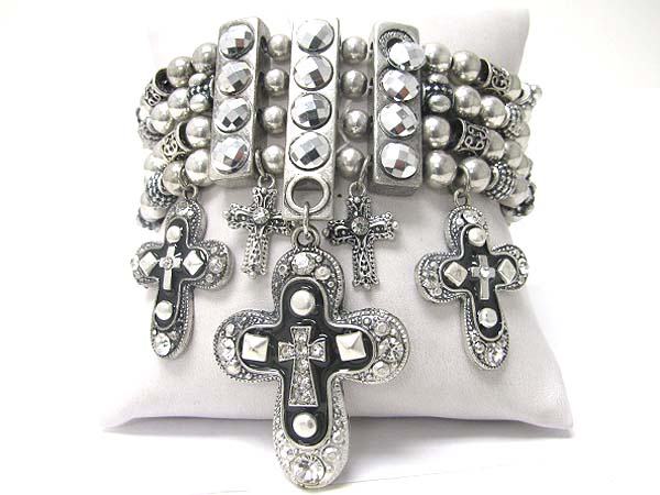 Crystal stud cross charm dangle metallic beads stretch bracelet