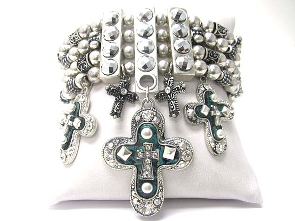 Crystal stud cross charm dangle metallic beads stretch bracelet