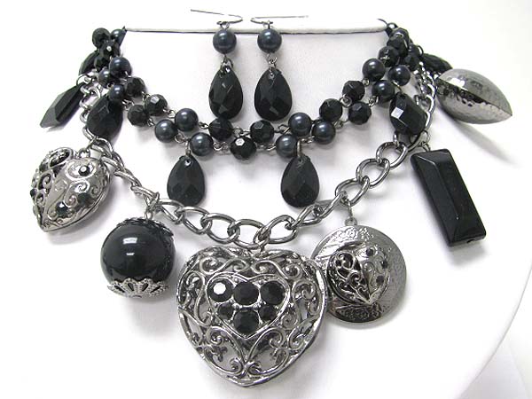 Crystal stud metal filigree heart charm beads and chain necklace set