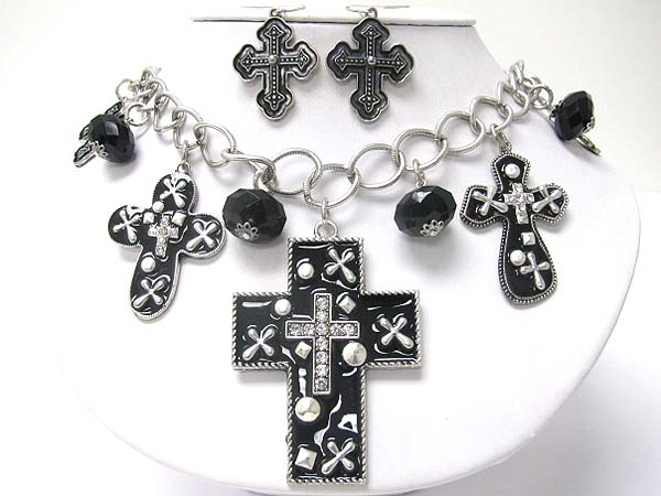 Crystal stud metal patina cross heart charm beads and chain necklace set