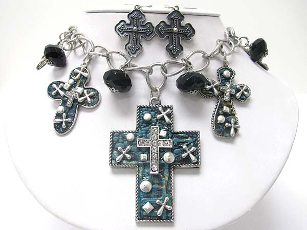 Crystal stud metal patina cross heart charm beads and chain necklace set