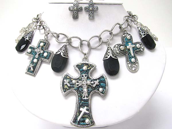 Crystal stud metal patina cross heart charm beads and chain necklace set