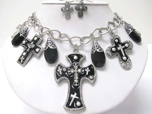 Crystal stud metal patina cross heart charm beads and chain necklace set