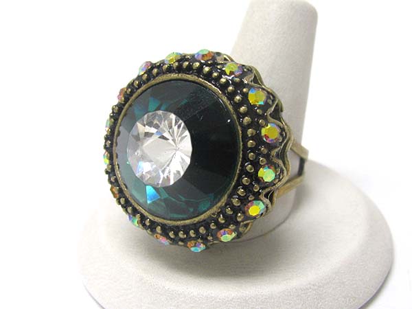 Large glass stone and crystal round adjustable ring