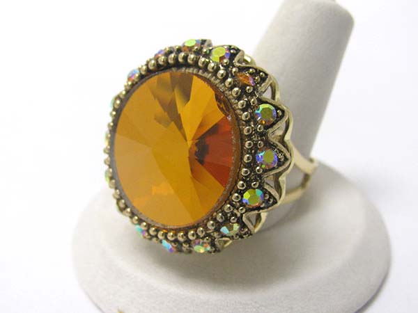 Large glass stone and crystal round adjustable ring